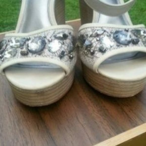 Coach Tan Leather Embellished Linen Stacked Platform Wedge Ankle Strap Shoes - Picture 4 of 14